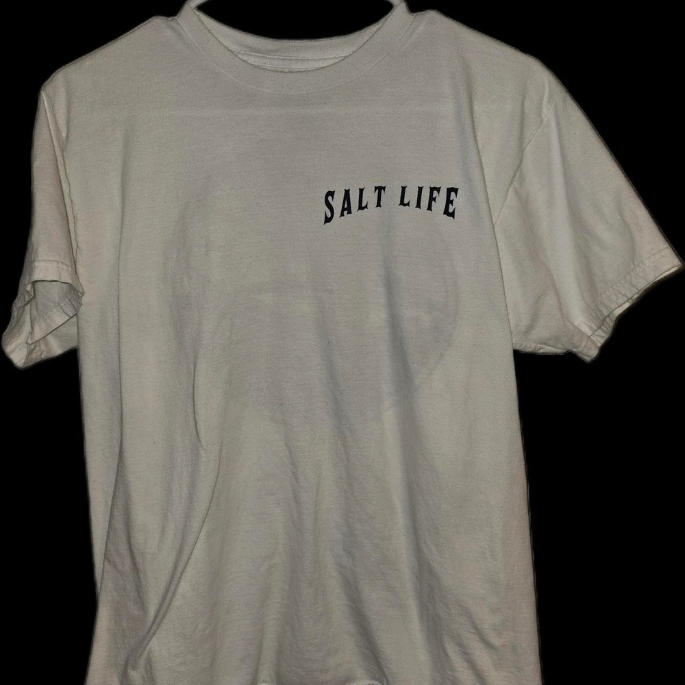 Salt Life white cotton t-shirt with black text reading 'SALT LIFE'